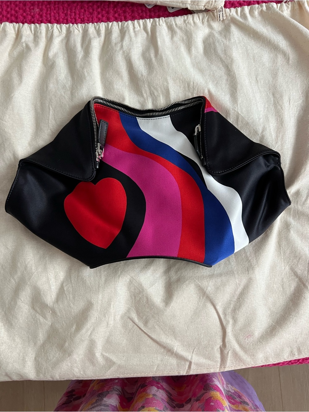 Alexander McQueen Black Clutch with Red, Pink, Blue and White Heart Print